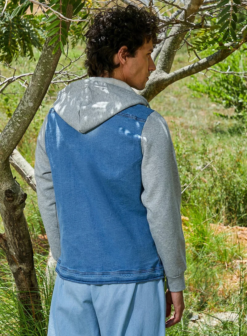 CAHOOT  Men's Blue & Grey Light-Wash Denim Jacket With Sweatshirt Sleeve For Casual Wear | Hooded Neck | Long Sleeve | Button Closure | Cotton Jacket Crafted With Comfort Fit For Everyday Wear for Men | Best Price UAE